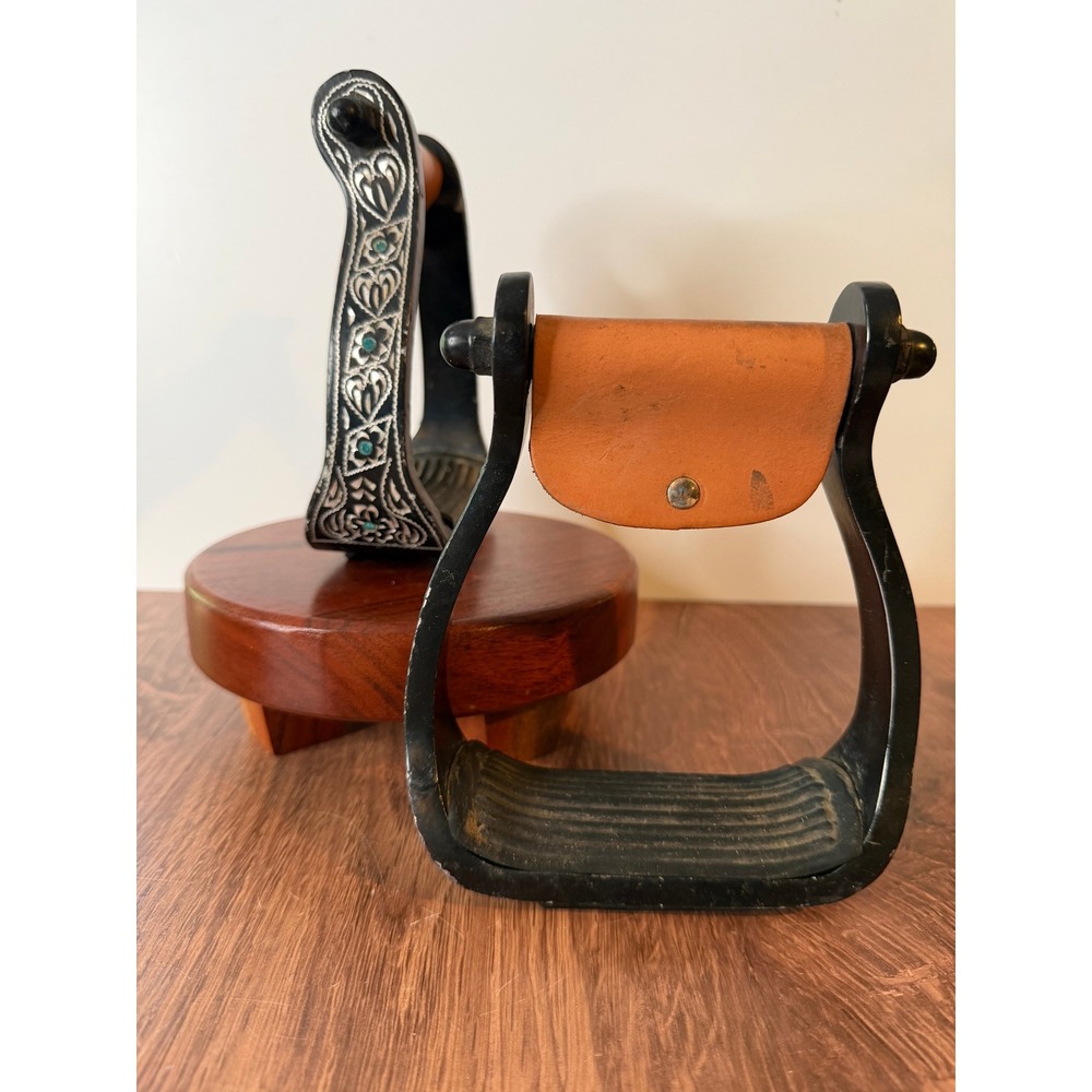 Engraved Metal Western Saddle Stirrups Blue Stone Accents Leather Trim